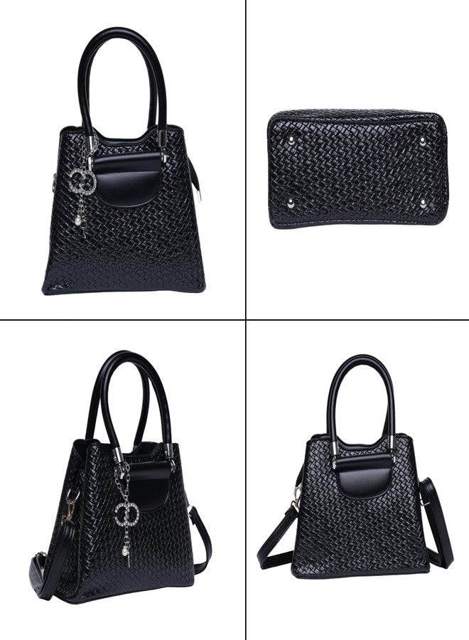 SANTORINI Vexa Textured Satchel Handbag | 3 Compartments (2 Magnetic + 1 Zipper) | Mini Top-Handle Bag with Sling Strap & Charm | Compact Luxury Bag for Daily Use. (Black) - Image 3
